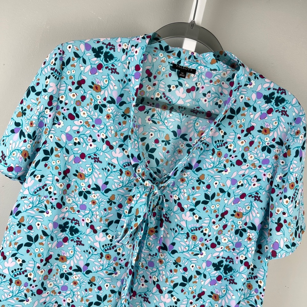 Talbots Blouse Top Womens XL Teal Floral Short Sleeve Bow Collar Pullover